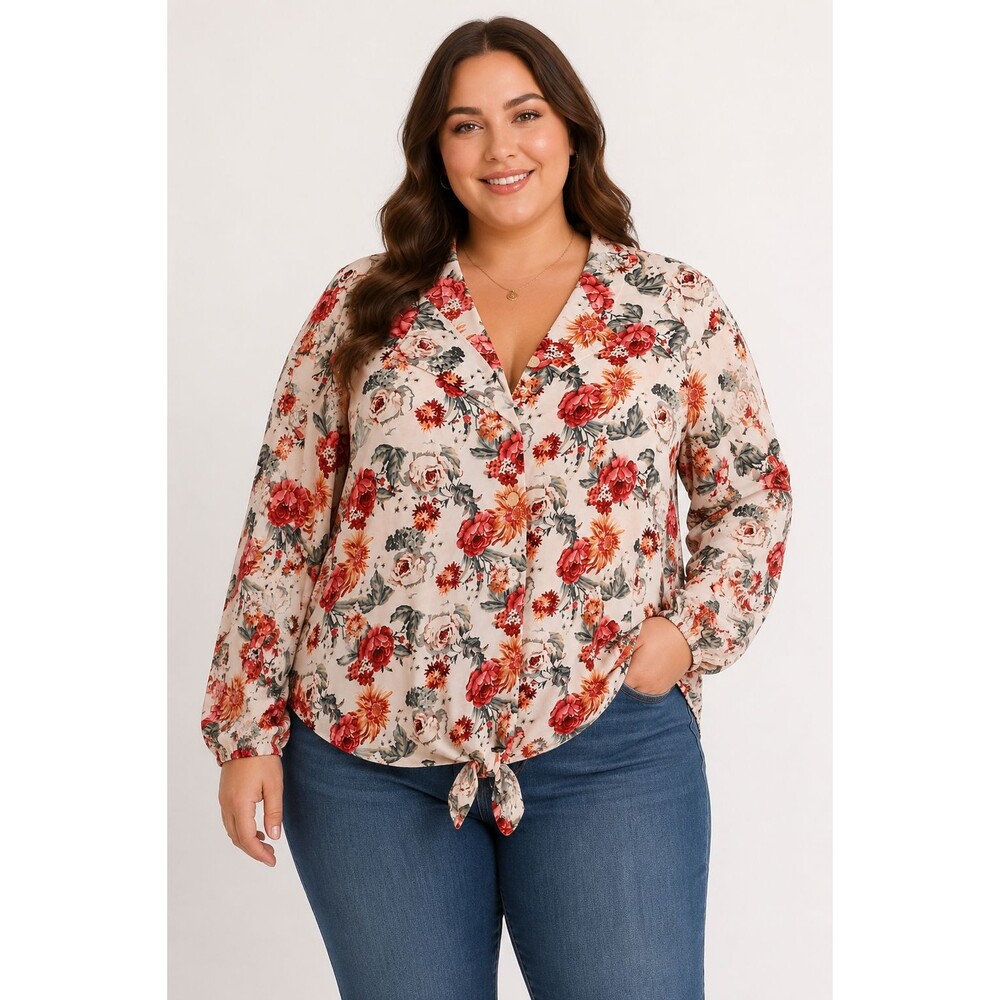 Linen Blend XXL Floral Long Sleeve Button-Up Blouse Front Waist Tie NWT